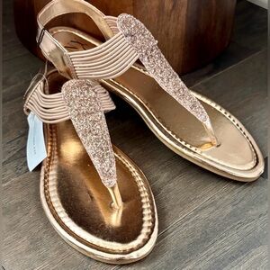 New York & Company Gold  glitter thong flip flops, ankle strap,flat sandals
